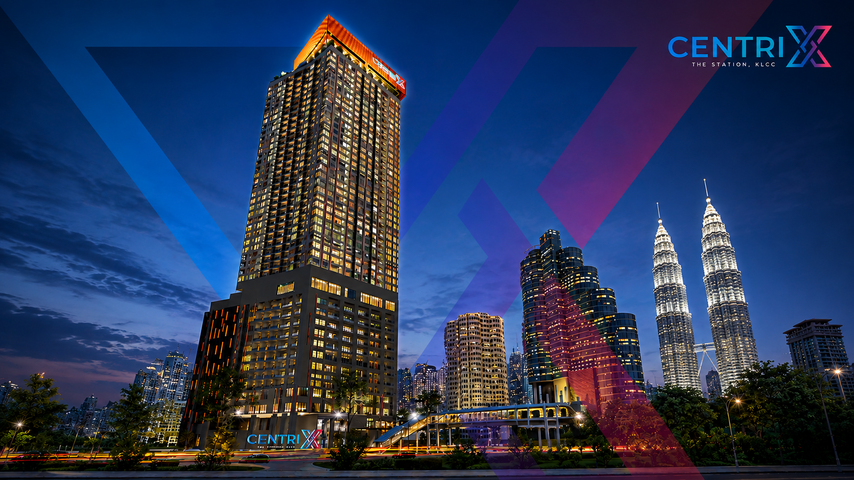 Centrix KLCC building facade at night with Petronas Twin Towers